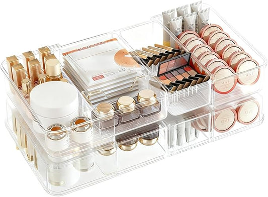 Qivine Expandable Acrylic Drawer Organizer, Clear Makeup Drawer Organizer Trays, 11 to 19In Adjustable Kitchen Utensil Organizer with 5 Compartments Expandable for Makeup Silverware Office Bathroom