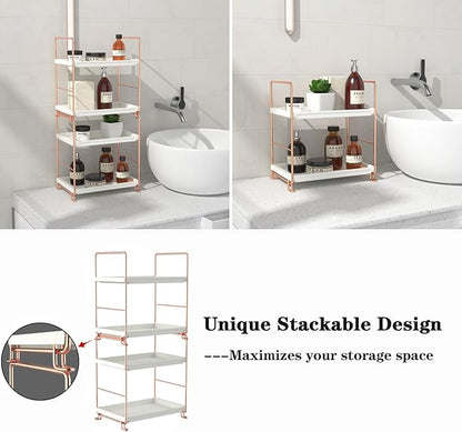 FSyueyun 2-Tier Bathroom Countertop Organizer, Tool-Less Installation Premium Plastics Makeup Shelf Organizer Perfume Skincare for Dresser Vanity Tray Organizers and Storage (Rose Gold)