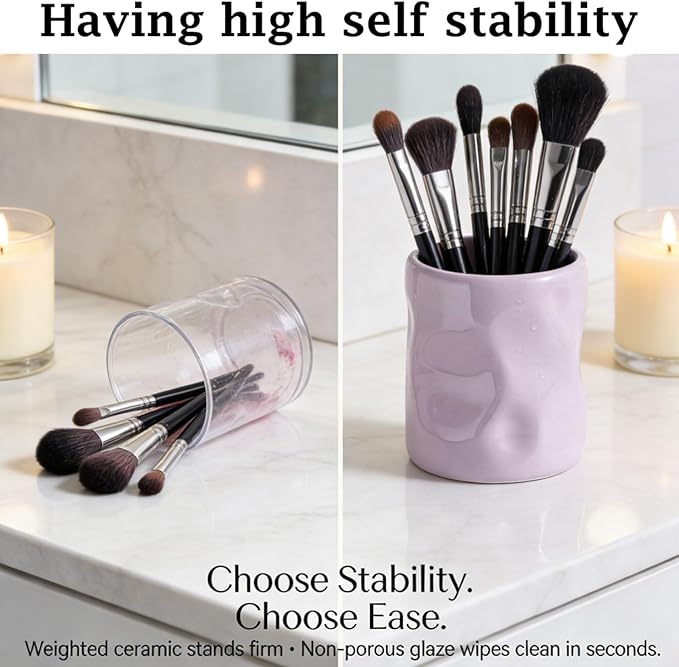 Premium Ceramic Makeup Brush Holder - Weighted & No-Tip Organizer with Easy-Clean Glaze, Vanity Storage for Brushes, Elegant Bathroom & Dresser Tabletop Decor An ideal gift for women (beige)