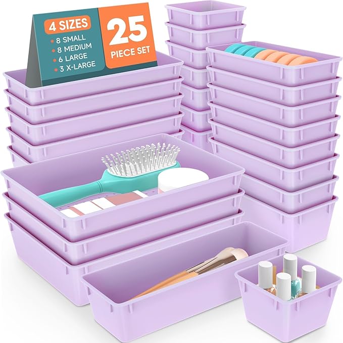 SpaceHacks 25 PCS Plastic Drawer Organizer Set, 4-Size Versatile Organizer Trays & Storage Bins for Makeup, Jewelry, and Gadgets in Bathroom, Bedroom and Office, Purple