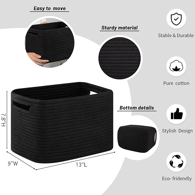 4 Pack Storage Baskets for Organizing Toys, Towels, and Clothes, Woven Basket for Shelves, Sturdy Nursery Cube Bins for Storage, 13''L x9''W x7.8''H, Black