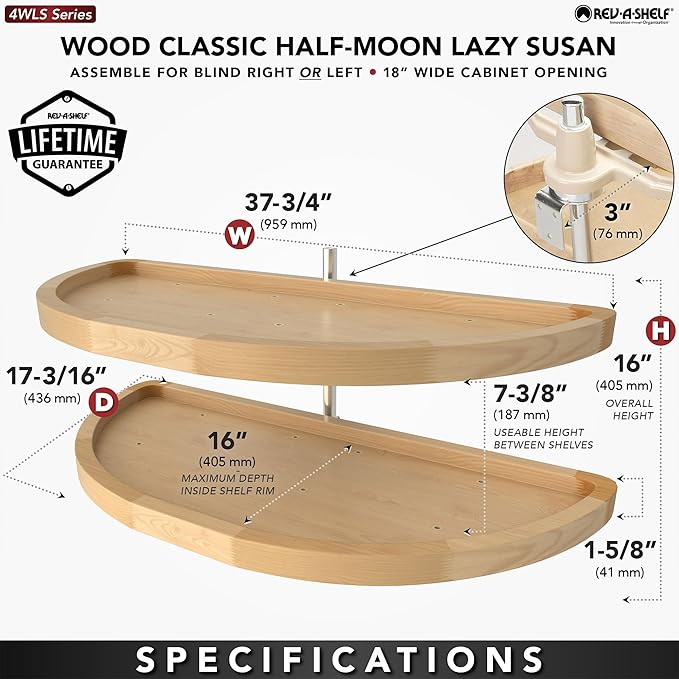Rev-A-Shelf 38" Dual Shelf Half Moon Lazy Susan Organizer for Diagonal Blind Corner Kitchen Cabinets, Pullout Turntable Trays, Wood, 4WLS882-38-570
