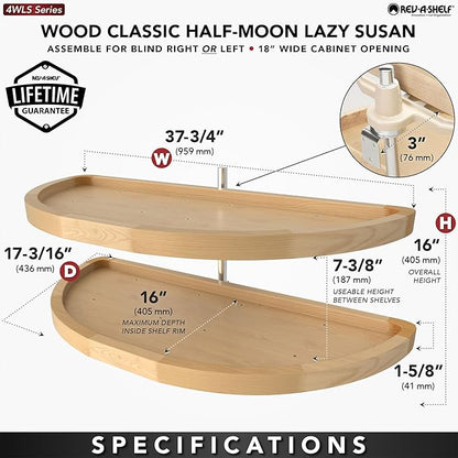 Rev-A-Shelf 38" Dual Shelf Half Moon Lazy Susan Organizer for Diagonal Blind Corner Kitchen Cabinets, Pullout Turntable Trays, Wood, 4WLS882-38-570
