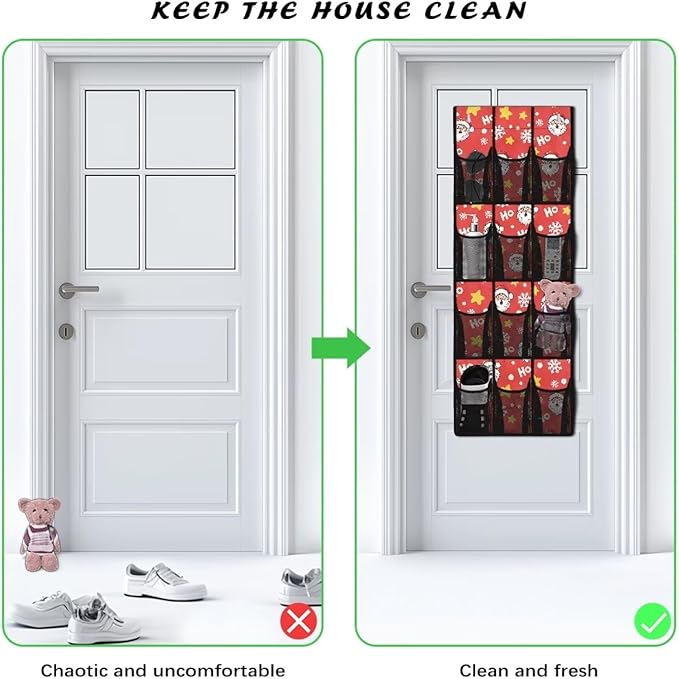 HOHO Santa Claus Door Hanging Shoe Organizer for Xmas Home Decor Mesh Fabric Shoe Organizer Over The Door for Living Room,Multi-Funtion Storage Bag,4 Metal Hook with 12 Pockets