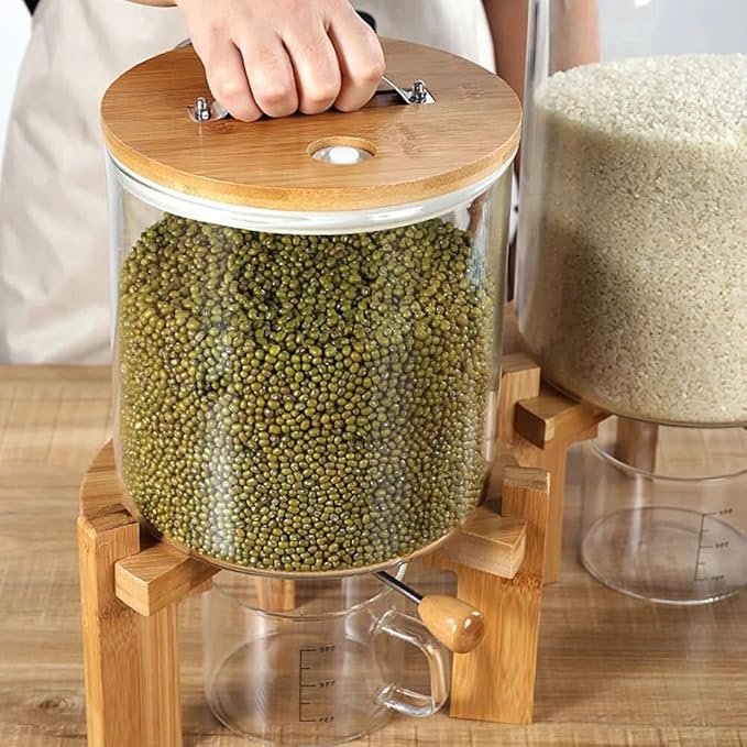 Rice Dispenser, Rice Storage Container, Glass Dry Food Storage Container with Bamboo Lid & Bottom Dispenser Valve, Kitchen Pantry Organizer for Rice, Cereal, Pet Food, Includes Measuring Cup (7.5L)