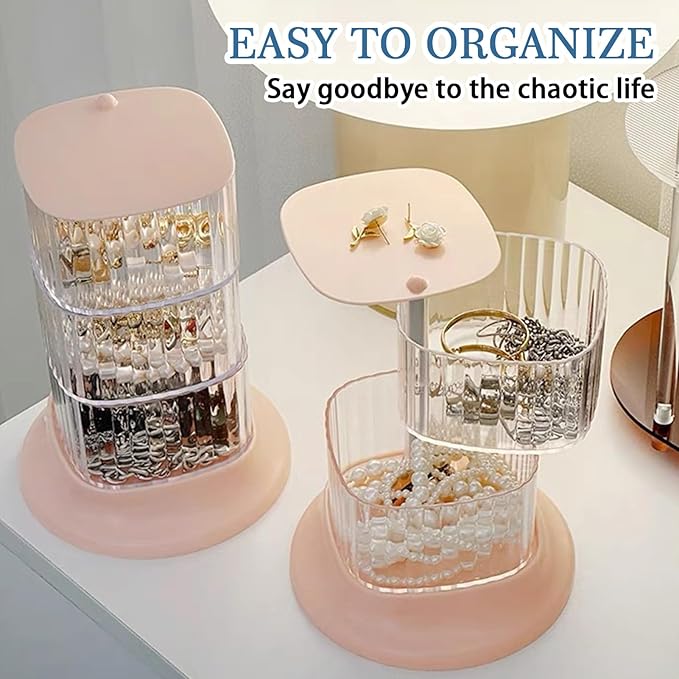 Hair Accessory Organizer, 3-Layer Rotating Clear Hair Tie Organizer for Hair Clips, Headbands, Hair Ties, Earring, Necklace, Ring, Jewelry Boxes & Organizers for Girls & Women (3-Layer，Pink)