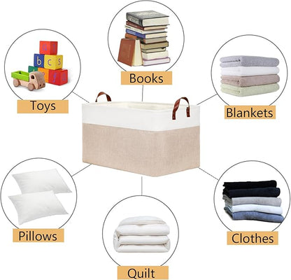 DULLEMELO 70L Extra Large Storage Bin, 22" x 15" x 13" Oversized Storage Basket, Collapsible Storage Box, Fabric Clothes Toys Blanket Basket for Shelves, Laundry, Nursery (White&Khaki)