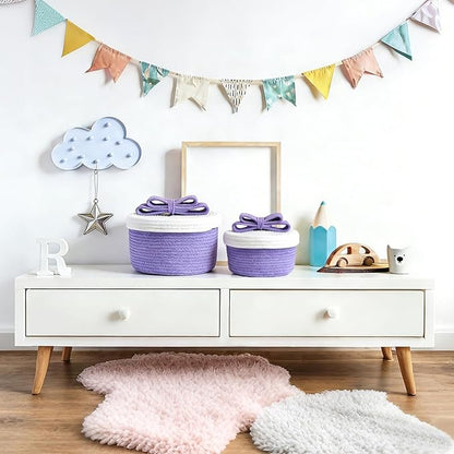 Small Storage Baskets with Lids, Round Woven Rope Basket with Lid, Cute Storage Box for Small Toy, Gift or Home Decor, Decorative Basket with Cute Bow Handle (Lavender)
