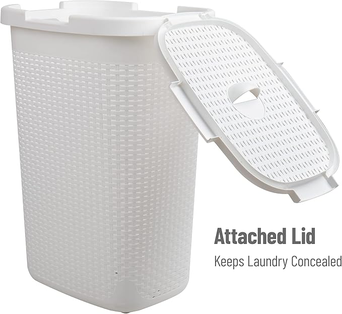 Mind Reader Slim Laundry Hamper with Lid, 60L Tall Clothes Basket, Narrow Tapered Design for Bathrooms, Closets and Laundry Rooms, Plastic, 2 Pack, White