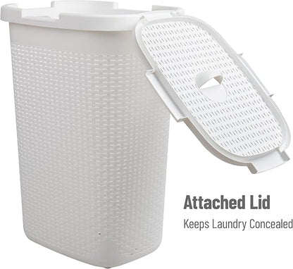 Mind Reader Slim Laundry Hamper with Lid, 60L Tall Clothes Basket, Narrow Tapered Design for Bathrooms, Closets and Laundry Rooms, Plastic, 2 Pack, White