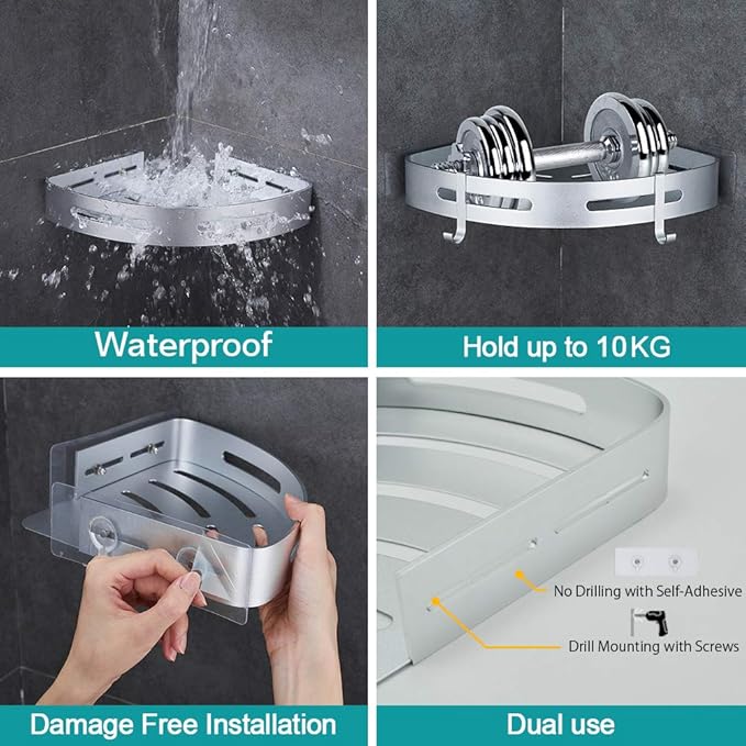 Corner Caddy Bathroom Shower Shelf Wall Mounted No Drilling 2 Tier Storage Shelves Adhesive Triangle Baskets Silver Bathroom Kitchen Storage Basket