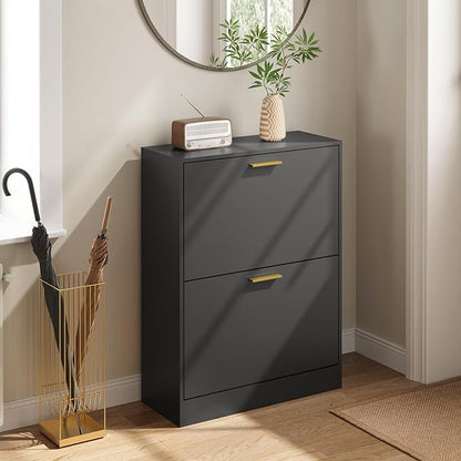 Shoe Cabinet Storage for Entryway, White Shoe Organizer with 2 Flip Drawers & Open Shelf, Freestanding Hidden Large Shoe Storage Cabinet (1pc-Black, 2 Flip Drawers)