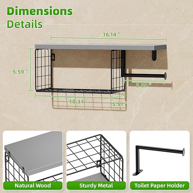 VITVITI Toilet Paper Holder with Shelf, Wall Mounted Toilet Paper Storage Basket, Wood Metal Toilet Roll and Wipes Holder for Bathroom Farmhouse (Gray)