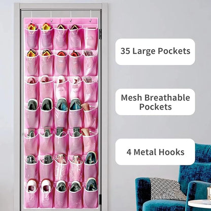 for Organizador Zapatos Puerta 35 Bolsillos Colgante Grande Bolsa Almacenaje Rosa, Shoe Organizer, Over The Door, Hanging Storage, 35 Pockets, Large, Pink