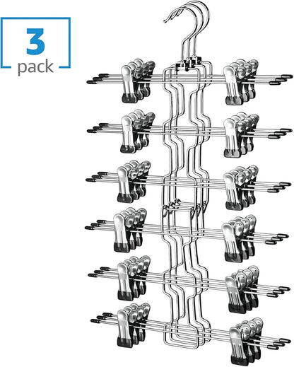 ZOBER 3-Pack 6-Tier Skirt Hangers with Clips - Pants Hangers with Clips Space Saving, Closet Organization, Swivel Hooks, College Dorm Essentials, Skirt Hangers for Women, Jeans Organizer for Closet