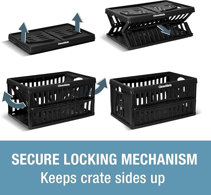 CleverMade 60L Collapsible Utility Crate (66 lb Capacity), Heavy Duty Folding Storage Crate, Stackable Plastic Organizer for Car Trunk, Garage & Groceries, 23 x 15 x 12 in, Obsidian