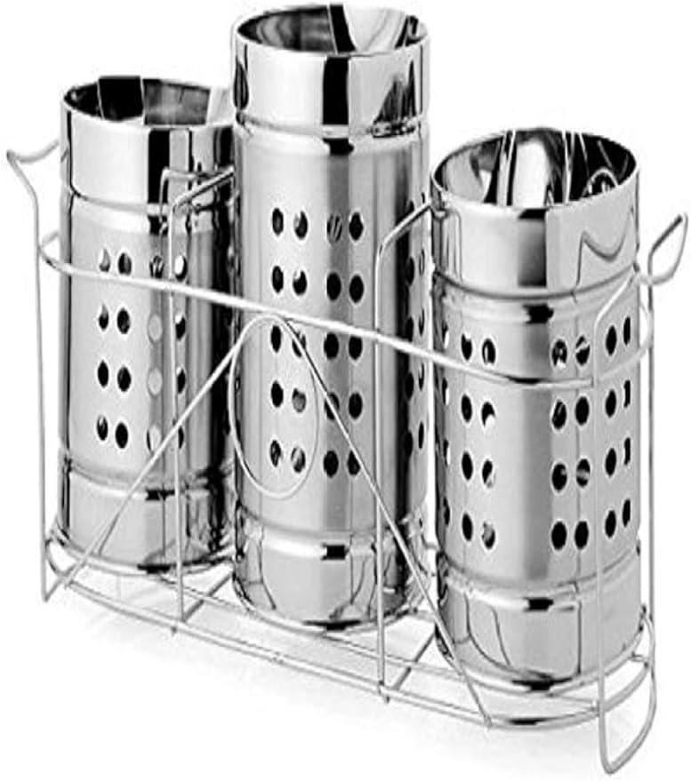 Self Draining Tableware Utensil Storage Box- Spoon,Knife,Fork,Chopstick,Steel Cutlery Holder/Organizer Stand For Kitchen Kitchen Utensil Organizer, 3 Compartments, Silver, Storage RacK
