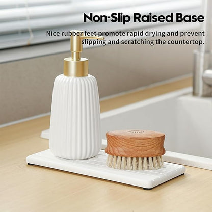 Fast Water Absorption Sink Organizer Tray Set, 3-Pack Compact and Space-Saving Stone Soap Holder Caddy for Kitchen & Bathroom Counter, Faucet Splash Guard, White (1pc of 8"x3.8" + 2pcs of 3.8"x3.8")