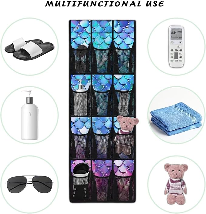 Over the Door Organizer with 12 Mesh Pockets, Space Saving Hanging Storage for Bedroom, Bathroom, Pantry, Clear View Window & Reinforced Mesh Pockets,Fish Scale