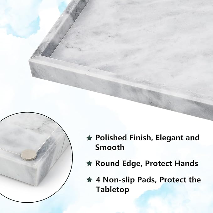 Real Natural Marble Tray for Bathroom, Vanity, Kitchen and Desktop, Rectangle Genuine Marble Stone Tray for Jewelry, Cosmetics, Candles, Lotion, Perfume and Home Decor