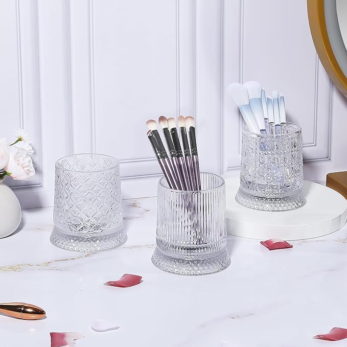 DASITON Makeup Brush Holder Organizer, Crystal Cosmetic Brushes Storage Holder Glass Makeup Organizer, 360° Rotating Make Up Brush Cup for Vanity, Dresser, Bathroom, Pen Pencil Holder for Desk (Clear)