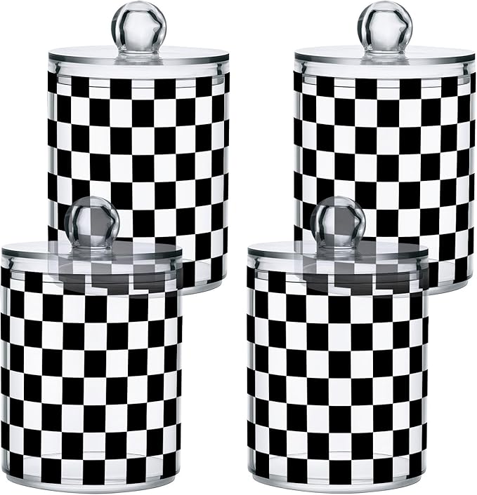 ALAZA 4pcs Black White Checkered Plaid Qtip Holder Dispenser 14 oz Bathroom Storage Clear Apothecary Jars Containers Cotton Ball,Cotton Rounds,Floss Picks, Hair Clips, Food