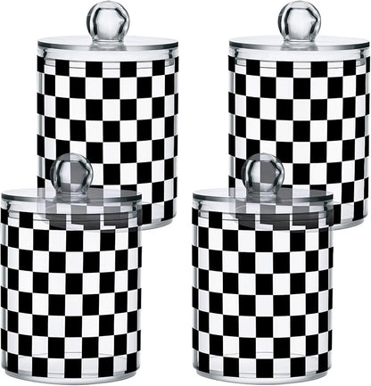 ALAZA 4pcs Black White Checkered Plaid Qtip Holder Dispenser 14 oz Bathroom Storage Clear Apothecary Jars Containers Cotton Ball,Cotton Rounds,Floss Picks, Hair Clips, Food
