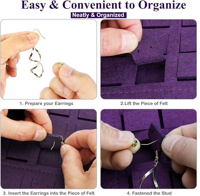 Resovo Hanging Earrings Organizer, Wall Earring Holder with 2 Hooks, Holds Up To 300 Pairs, Compact Design, Soft Material-Dark Purple