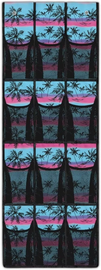 Over the Door Shoe Organizer 12 Large Pockets Hanging Shoe Organizer for Closet Sturdy Oxford Fabric Shoe Hanger Tropical Coconut Palm