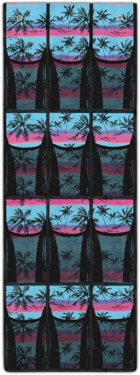 Over the Door Shoe Organizer 12 Large Pockets Hanging Shoe Organizer for Closet Sturdy Oxford Fabric Shoe Hanger Tropical Coconut Palm