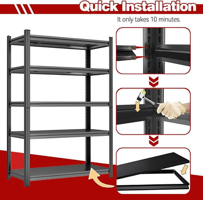 5-Shelf Heavy Duty Garage Shelving Unit, Metal Storage Shelves with Sides, 3000LBS, Adjustable Rack Organizer for Basement Closet Kitchen Pantry, Easy Assembly, Black, (72.3" H*47.2" W*23.6" D)