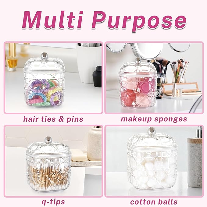 2-Pack Scrunchies Holder, 30oz Q-tip Holder, Plastic Bathroom Canisters, Elegant Vanity Storage Containers for Hair Accessories & Beauty Supplies