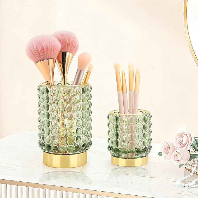 DASITON Makeup Brush Holder Organizer, Crystal Cosmetic Make Up Brush Holder, Glass Makeup Brushes Storage Organizer, Vintage Make Up Cup Desk Pen Pencil Holder, Toothbrush Holders (Green S)