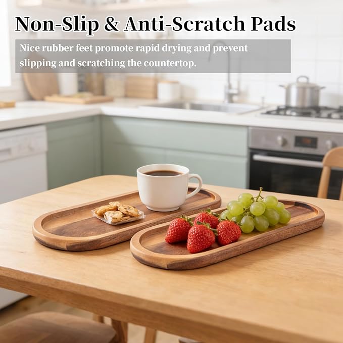 Wooden Vanity Bathroom Trays 2PCS - Wooden Trays for Decor, Countertop and Vanity Tray, Dish Soap Trays for Kitchen Counter, Sink Organizer Accessories Caddy, Toilet Laundry Shower Makeup Holder