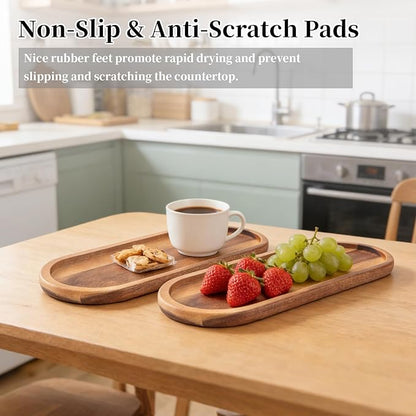 Wooden Vanity Bathroom Trays 2PCS - Wooden Trays for Decor, Countertop and Vanity Tray, Dish Soap Trays for Kitchen Counter, Sink Organizer Accessories Caddy, Toilet Laundry Shower Makeup Holder