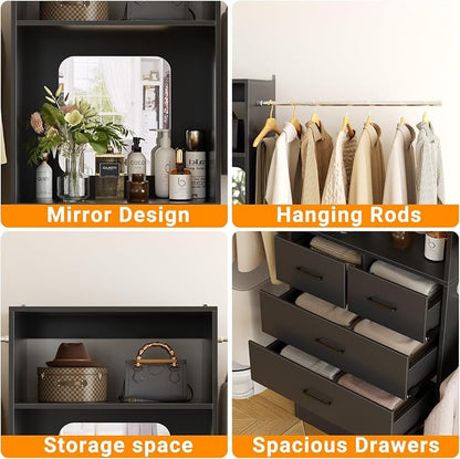 Unikito 96” W Closet Systems, Adjustable 8FT Walk in Closet Organizer Starter Kit with 25” Tower and 3 Hanging Rods, Sturdy Garment Rack with 4 Drawers and Mirror, Black