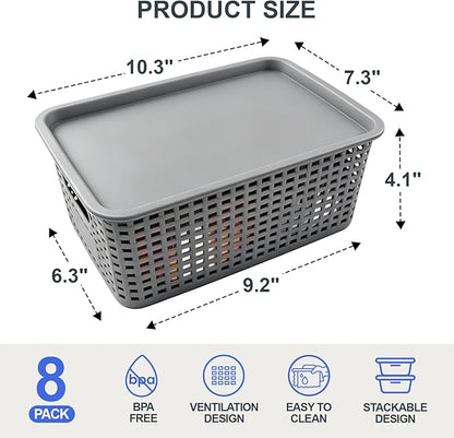 8 Pack Small Plastic Storage Baskets with Lids, Plastic Storage Baskets for Organizing, Stackable Organizer Baskets, Small Storage Bins for Shelves,Closet,Craft Room,Playroom,Classroom,Office, Grey