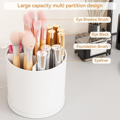 Yieach Rotating Acrylic Makeup Brush Holder with Lid for Vanity,Bathroom,Countertop,Covered Makeup Brushes Organizer,Round Spinning Cosmetic Brushes Holder and Make up Brush Storage with Cover,White