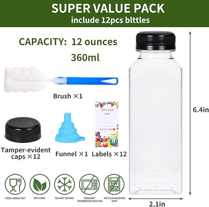 SUPERLELE 12pcs 12oz Plastic Juice Bottles with Caps, Clear Reusable Juice Containers with Lids for Juicing, Smoothie, Drinking and Other Beverages