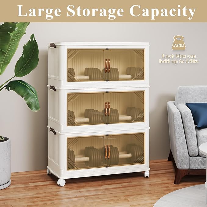 Storage Bins with Lid, 70 Gal/280 Qt Capacity, 3 Pack Large Stackable Storage Bins with Lid, White Collapsible Storage Bins with Wheels, Customizable, Foldable, for Home Office Organization