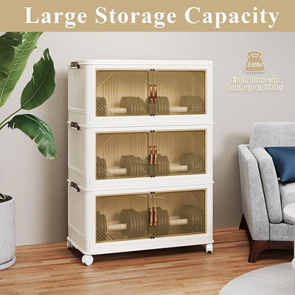 Storage Bins with Lid, 70 Gal/280 Qt Capacity, 3 Pack Large Stackable Storage Bins with Lid, White Collapsible Storage Bins with Wheels, Customizable, Foldable, for Home Office Organization