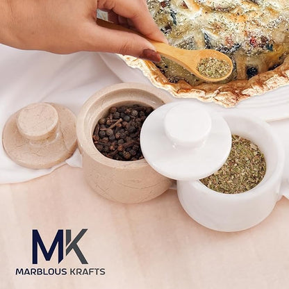 MARBLOUS KRAFTS Marble Salt Cellar with Lid 3" Inch White and Verona Sea Salt, Spices, and Seasonings Storage, Perfect for Kitchen Countertop, Dining Table, and Gift Giving,