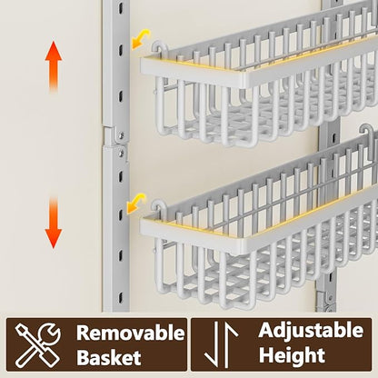 POKIPO 9 Tier Over The Door Pantry Organizer, 2 in 1 Wall Mount or Hanging Spice Rack with Adjustable Deep Basket, Heavy-Duty Seasoning Organizer and Storage for Kitchen Cabinet Closet Bathroom