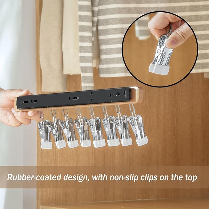 Pull Out Hat Rack for Closet, Sliding Hooks Hanger Rack with Clips for Bras Caps Underwear Socks Scarves Gloves Handkerchiefs, Dual Side 12 Clips Rail, 2 Pcs