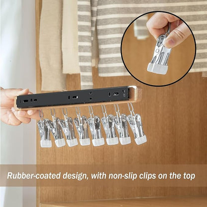 Pull Out Hat Rack for Closet, Sliding Hooks Hanger Rack with Clips for Bras Caps Underwear Socks Scarves Gloves Handkerchiefs, Dual Side 12 Clips Rail, 2 Pcs