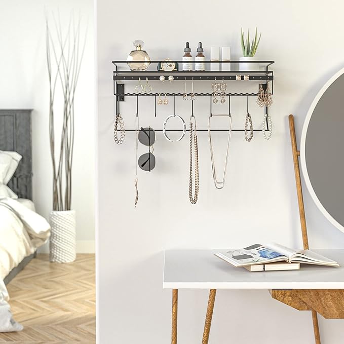 JackCubeDesign Gothic Wall Mounted Jewelry Organizer - Hanging Necklace, Earring, Bracelet Holder with Hooks and Shelf - Goth Room Decor, Iron Jewelry Display Storage Rack for Bedroom & Closet-MK238A