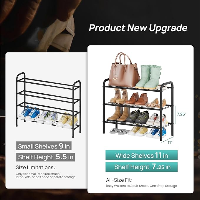 viewcare Shoe Rack for Closet, 3-Tier Small Shoe Rack for Entryway & Garage, Sturdy Metal Construction, Shoe Organizer Holds 6-9 Pairs