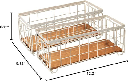 Metal Wire Storage Basket, Toilet Paper Roll Holder Wood Base Countertop Decor Box Toilet Tank Shelf Cabinet Organizer for Bathroom Pantry Garage Bedroom Livingroom (Cream White (2 Pack))