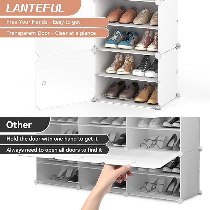 LANTEFUL 10 Tier Shoe Storage Cabinet with Door, Portable Narrow Organizer Rack for 20 Pairs, White Plastic with Hooks for Entryway or Bedroom