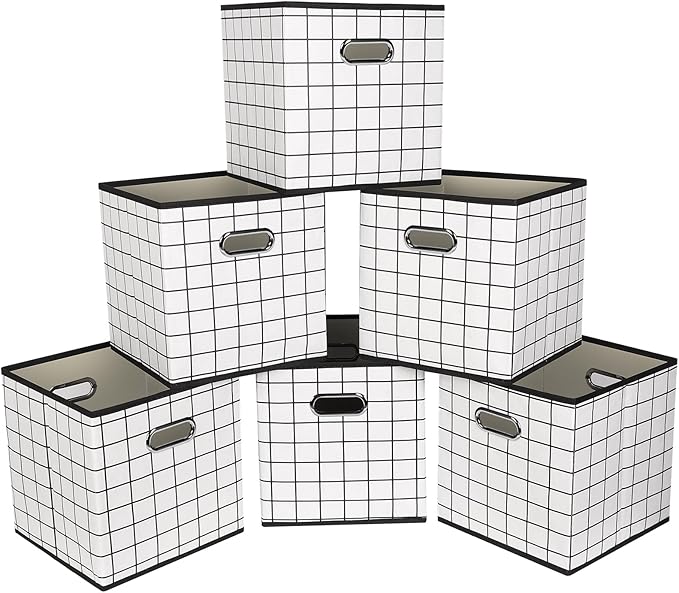 Fabric Cloth Storage Bins,Fabric Cube Organizer with Dual Handles Foldable Cube Storage Baskets for Home Bedroom Storage,Set of 6,(White grid)